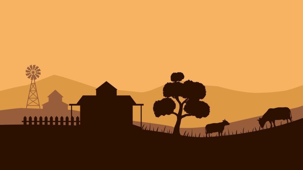 Home landscape illustration of farm silhouette with cattle livestock vector
